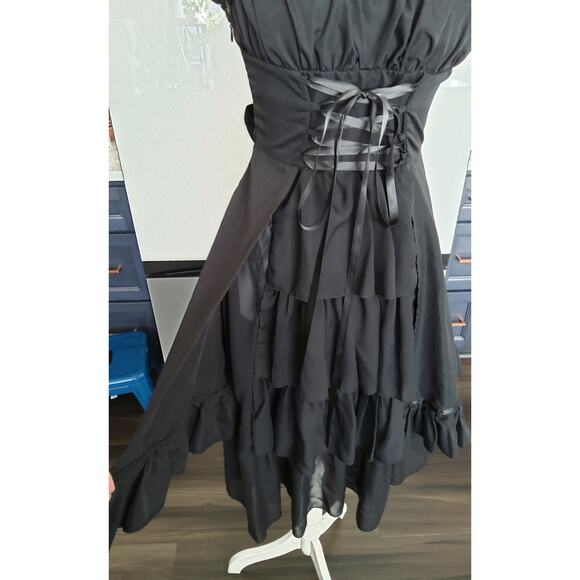 Coquette whimsigoth black midi dress tiered ruffled laced Lolita corsette XS/S - Picture 5 of 8